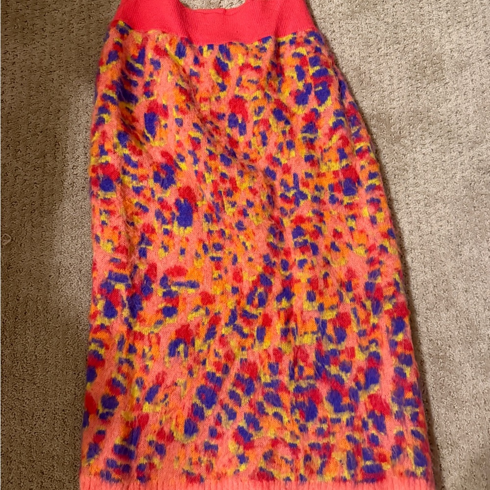 Maeve Multicolor Fuzzy Knit Midi Skirt — Coral, Purple, Yellow Accents